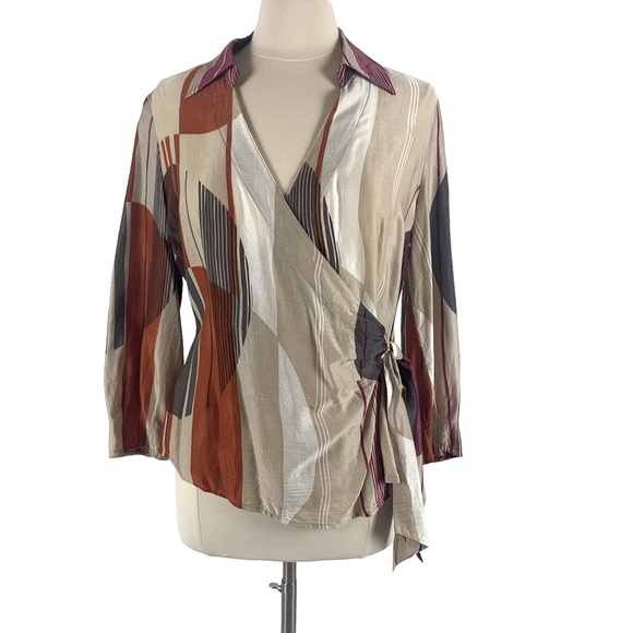 NIC & ZOE Geometric Tan, Pink, Rust, Gray & Cream Wrap Blouse Sz L - Picture 1 of 7